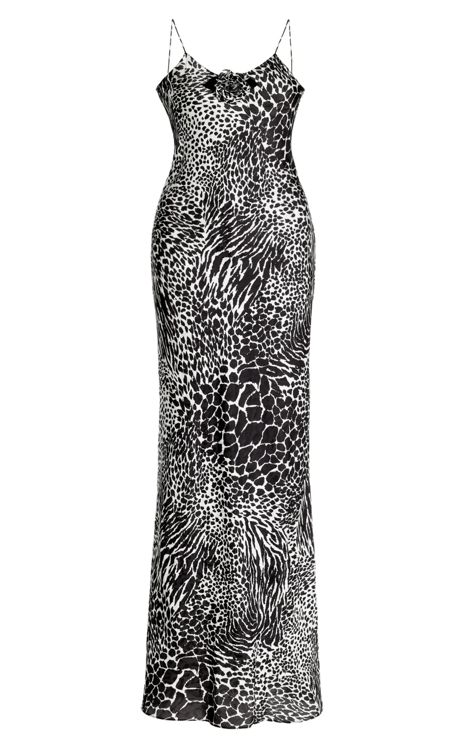 Black And White Zebra Silk Jacquard Gown With Silk Flower