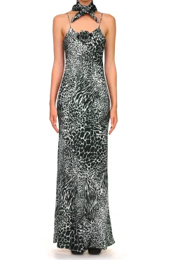 Black And White Zebra Silk Jacquard Gown With Silk Flower