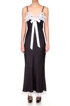 Black Bias Dress With White Lace Bodice Ruffle And Ribbon Bow Detail