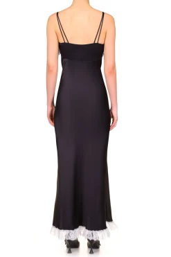 Black Bias Dress With White Lace Bodice Ruffle And Ribbon Bow Detail