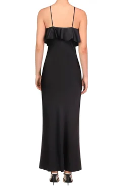 Black Charmeuse Bias Tiered Ruffle Halter Dress With White Bow Detail