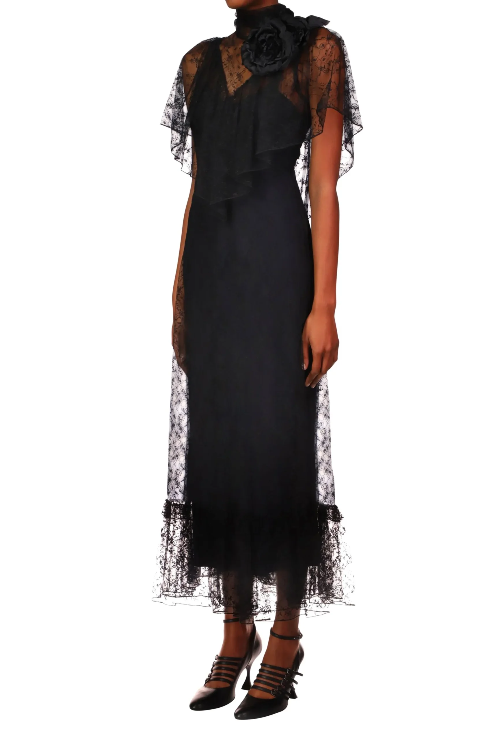 Black Floral Lace Dress With Flower Corsage