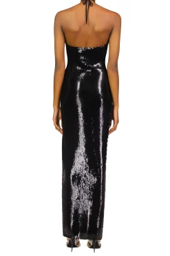 Black Sequin Halter Gown With Hand Beaded Floral Detail