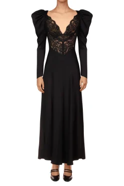 Black Silk And Lace Bias Long Sleeve Dress