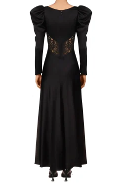 Black Silk And Lace Bias Long Sleeve Dress