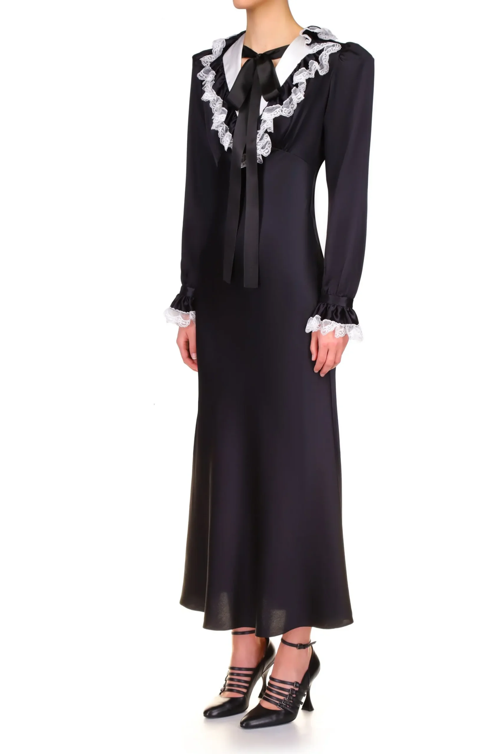 Black Silk Long Sleeve Dress With Off White Collar And Lace Trim