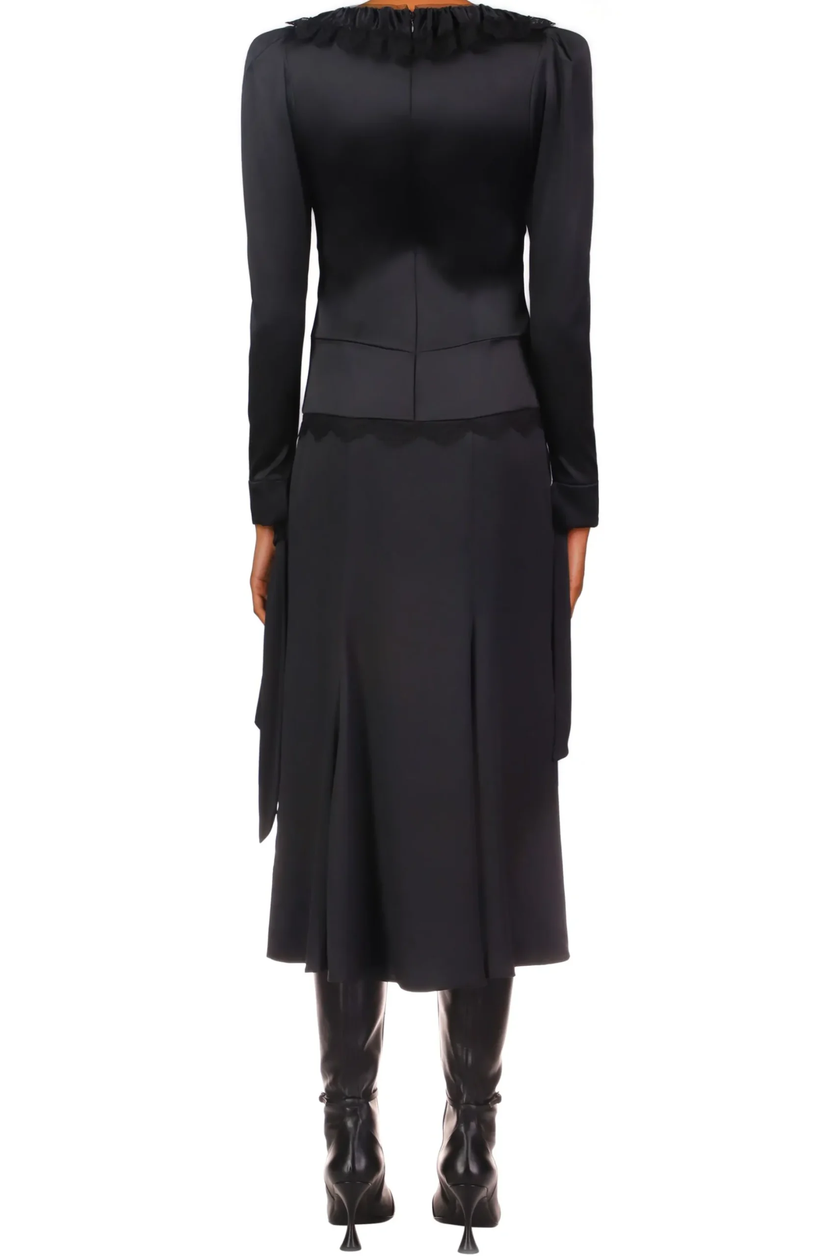 Black Silk Long Sleeve Dress With Black Sequin Tulle & Sash