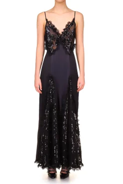 Black Silk Satin And Black Sequin Dress With Godet And Lace Ruffle