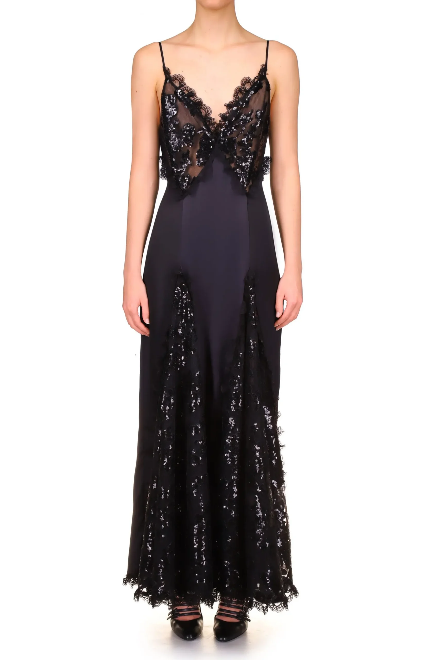 Black Silk Satin And Black Sequin Dress With Godet And Lace Ruffle