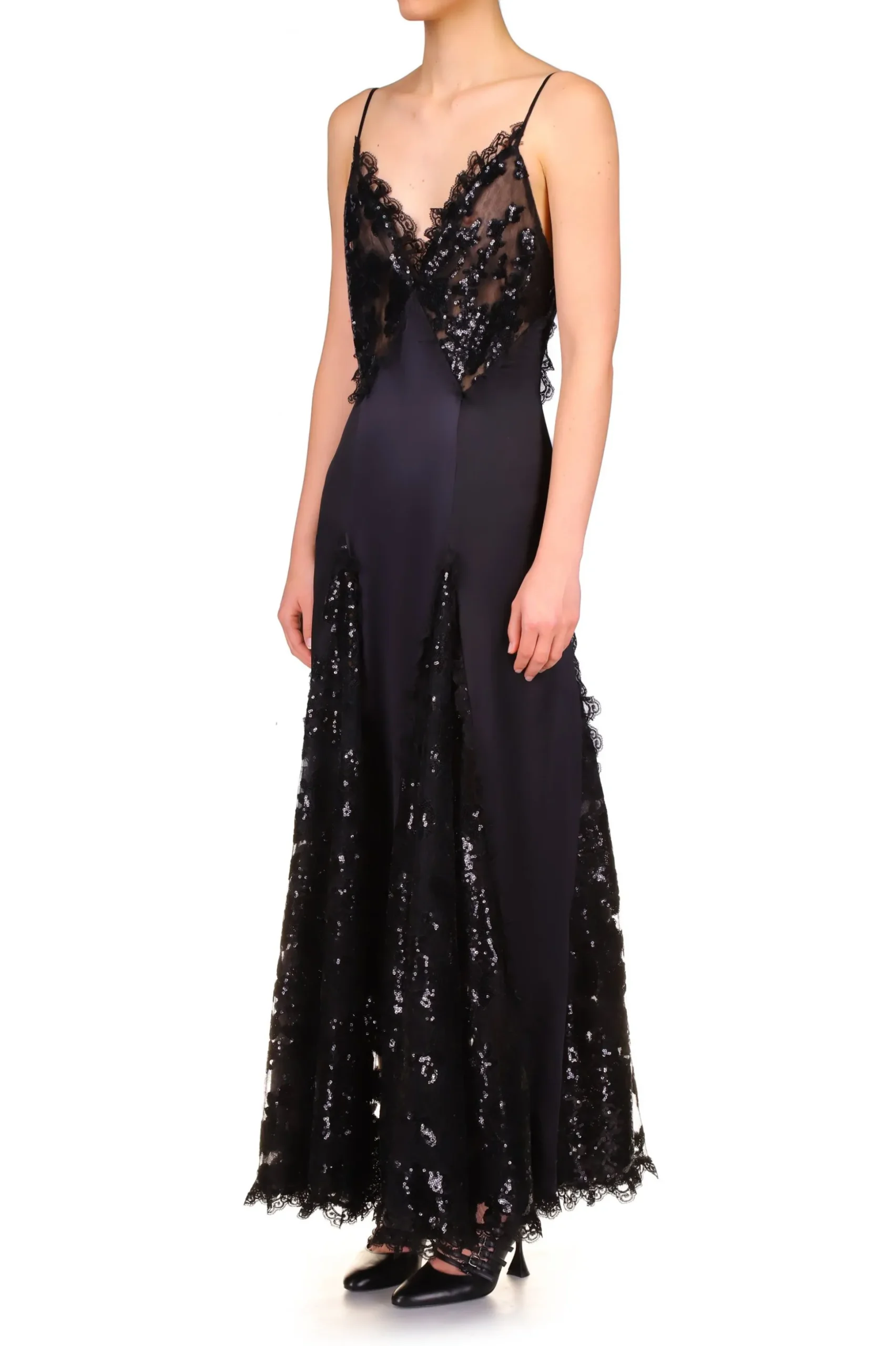 Black Silk Satin And Black Sequin Dress With Godet And Lace Ruffle