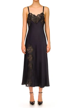 Black Silk Satin And Lace Bias Slip Dress