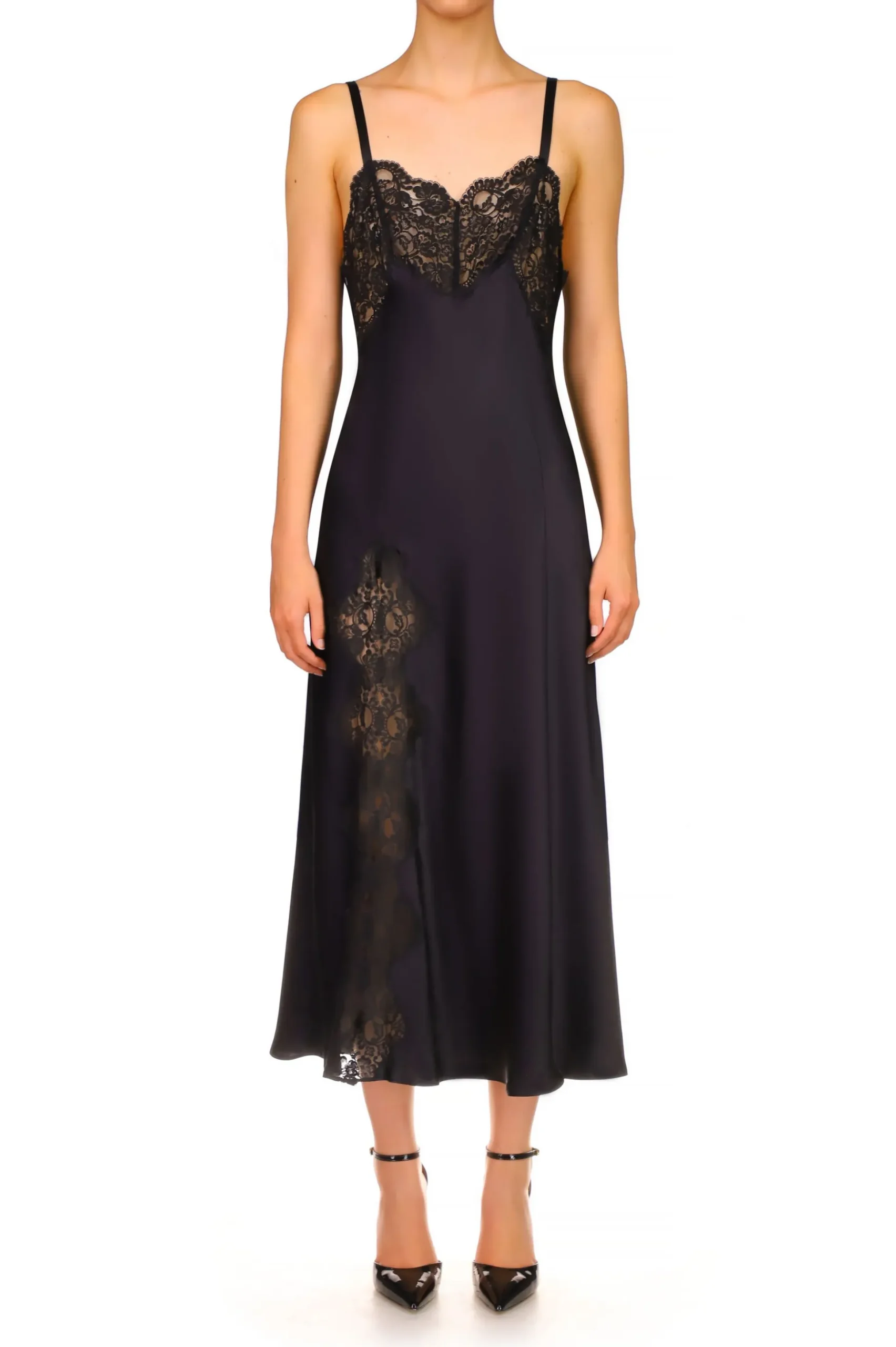 Black Silk Satin And Lace Bias Slip Dress