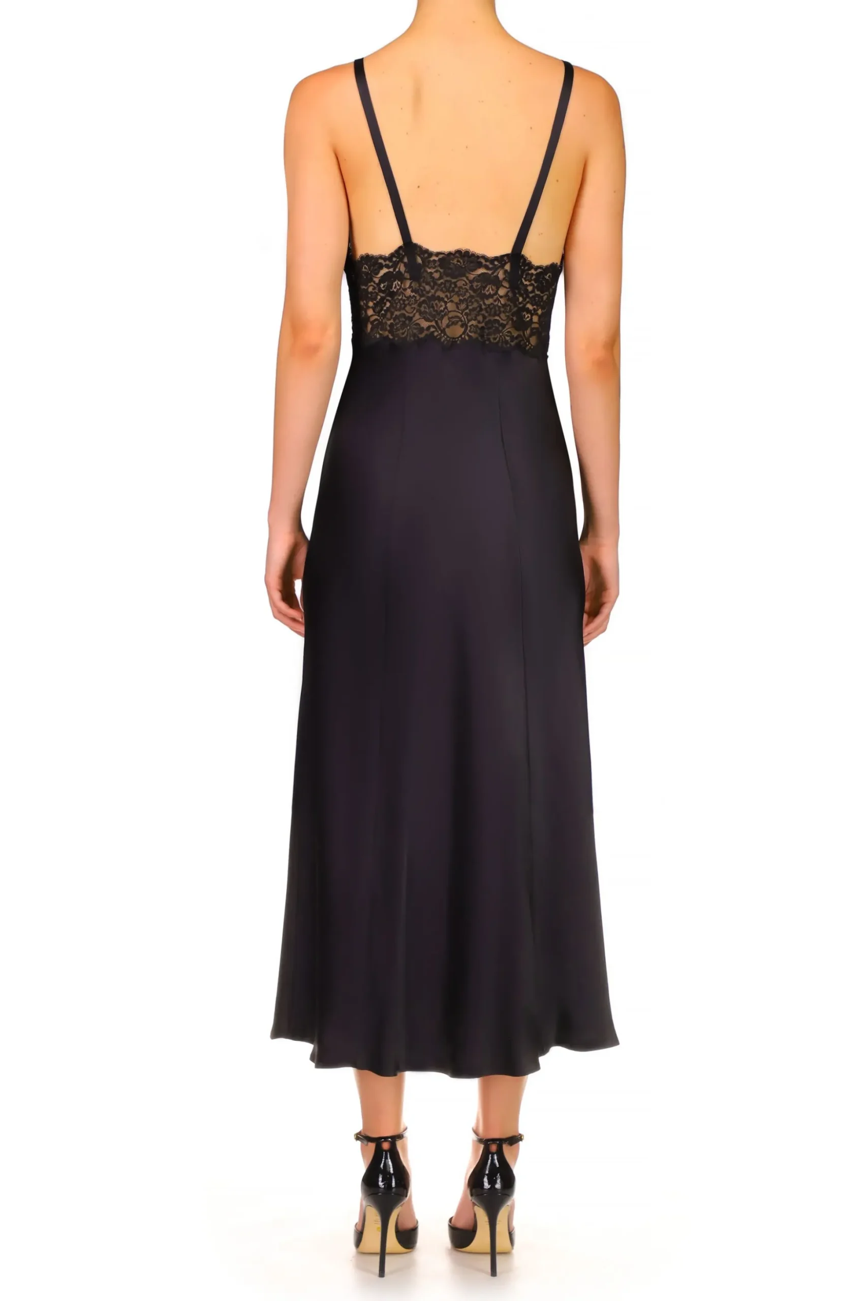 Black Silk Satin And Lace Bias Slip Dress