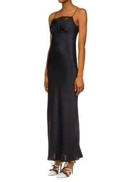 Black Silk Satin Bias Dress With Ruched Bust And Black Lace Detail