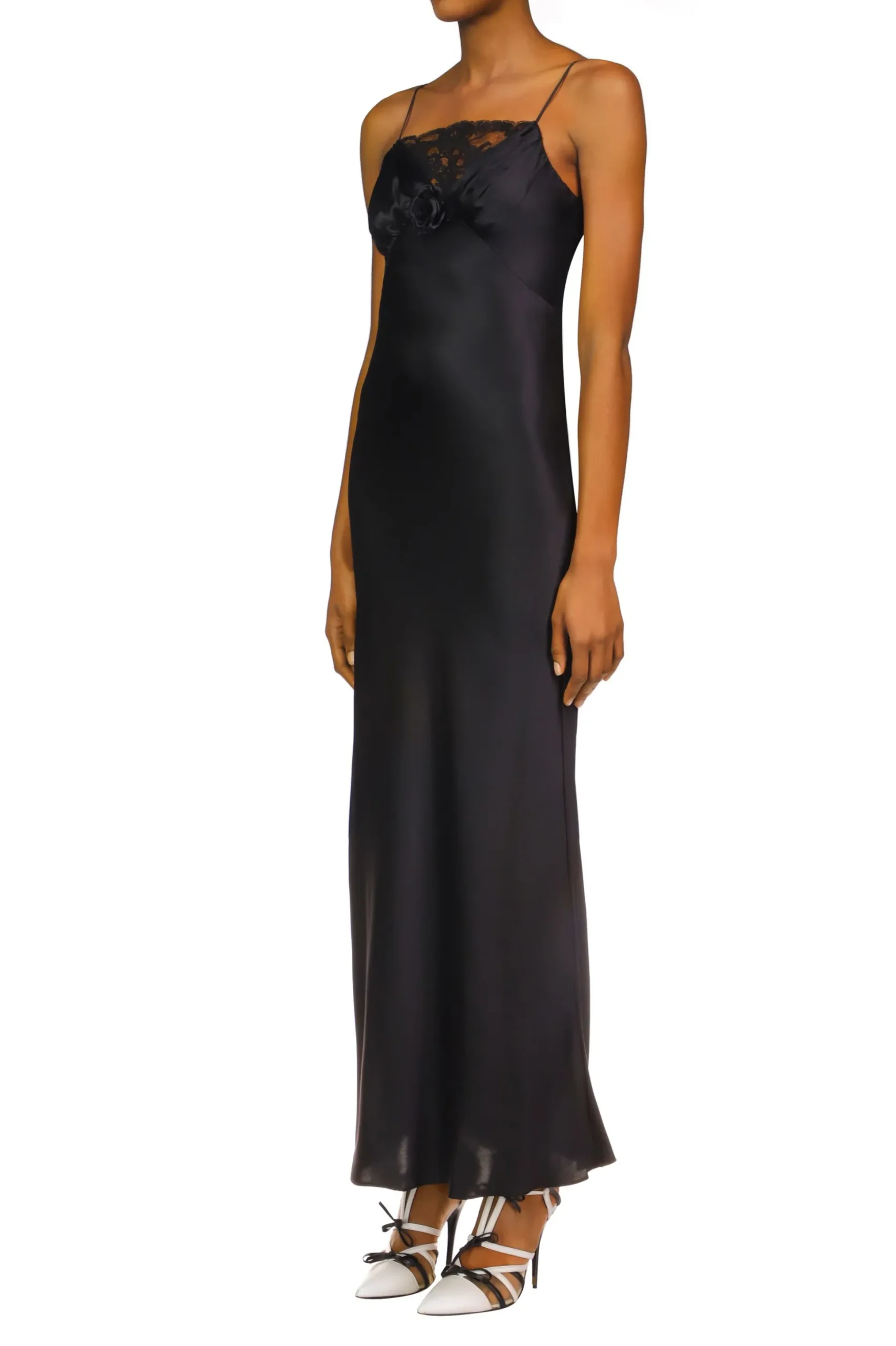 Black Silk Satin Bias Dress With Ruched Bust And Black Lace Detail