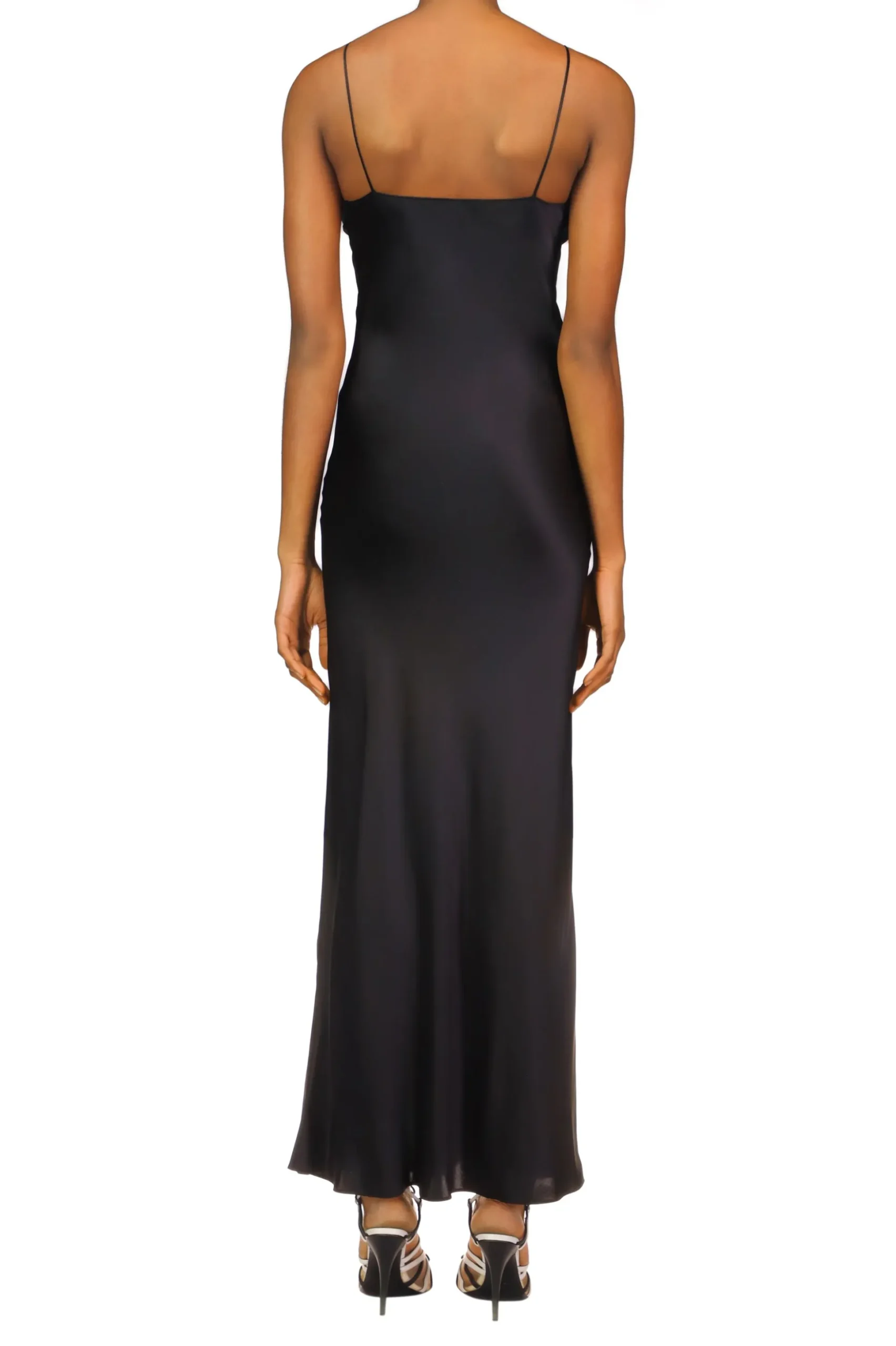 Black Silk Satin Bias Dress With Ruched Bust And Black Lace Detail