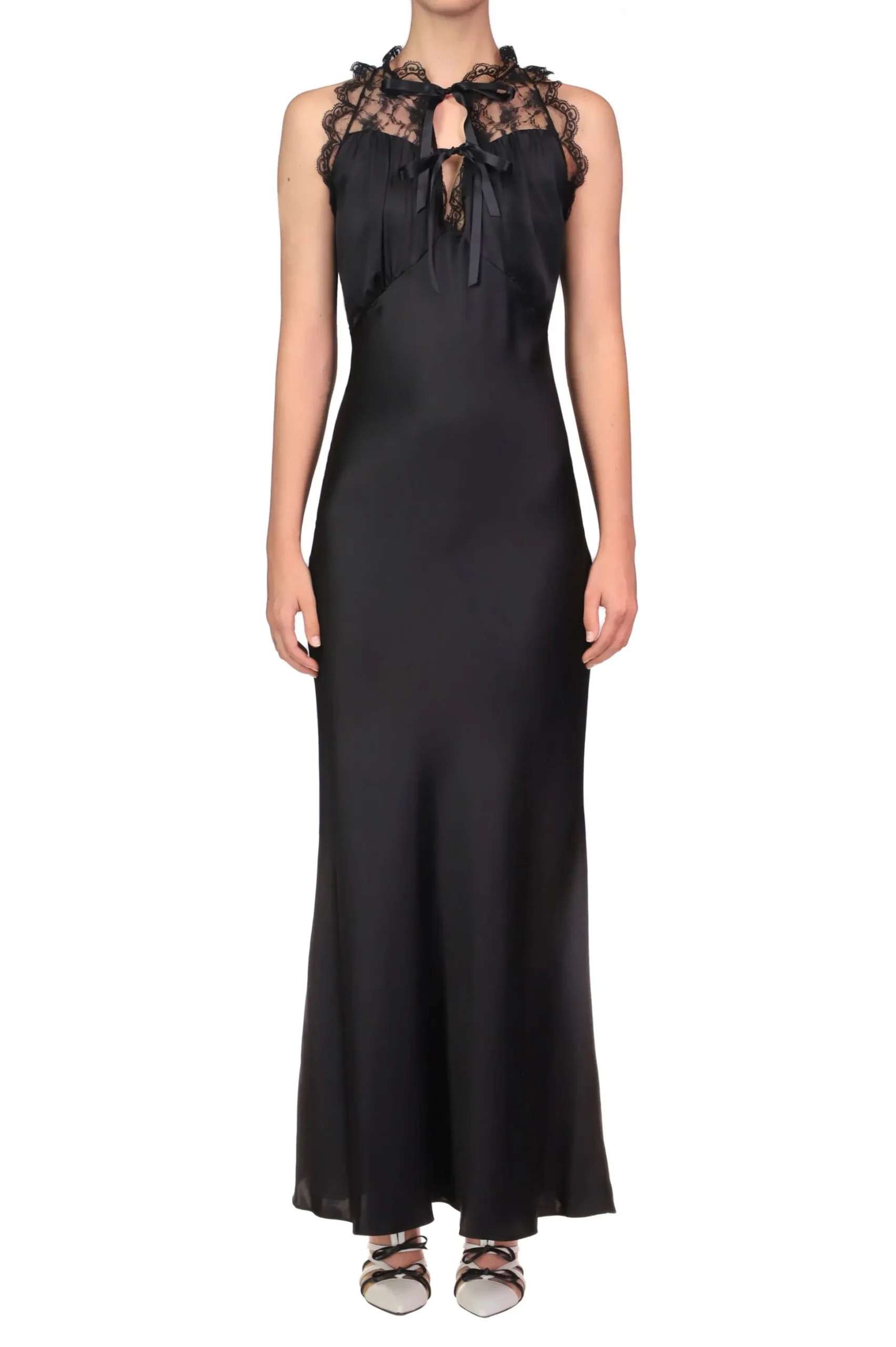 Black Silk Satin Bias Halter Dress With Lace And Ruffle Details