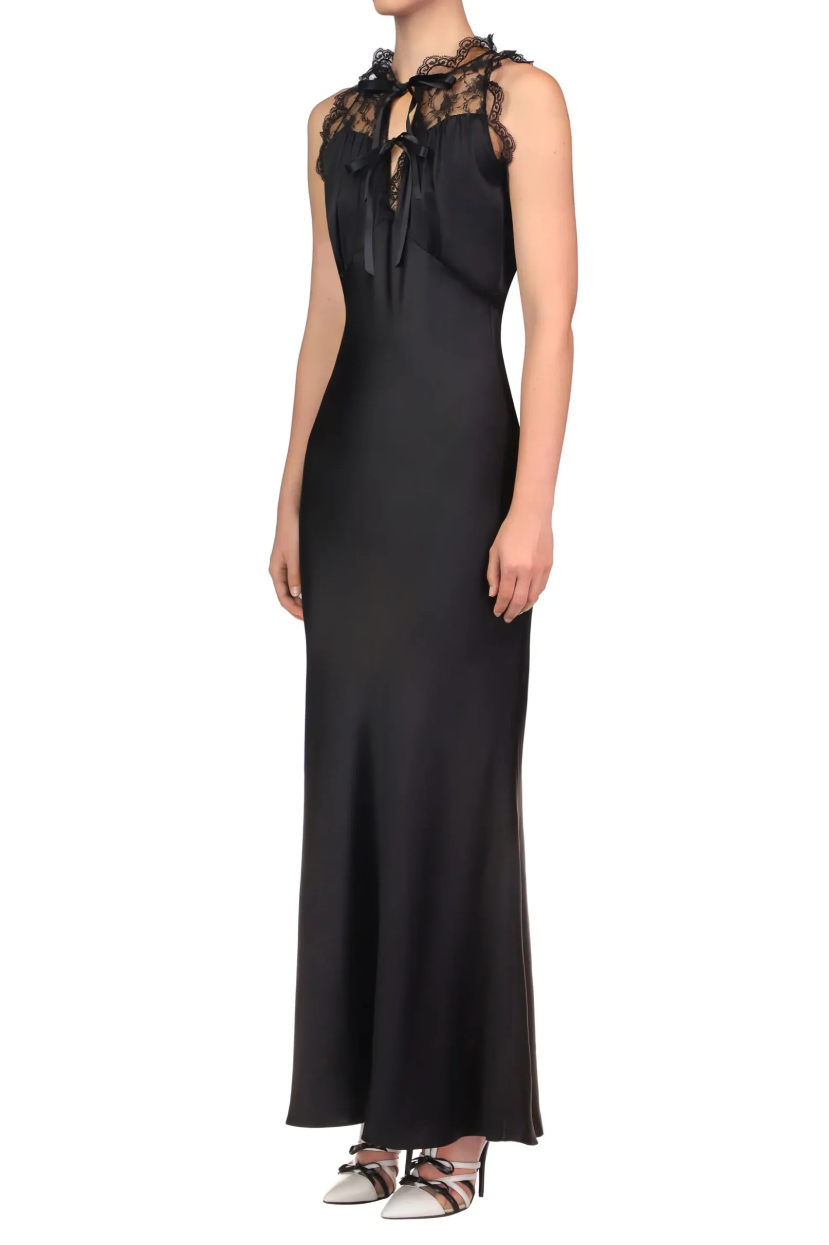 Black Silk Satin Bias Halter Dress With Lace And Ruffle Details