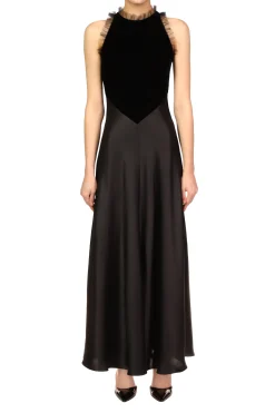 Black Silk Satin & Velvet Dress With Tulle Detail