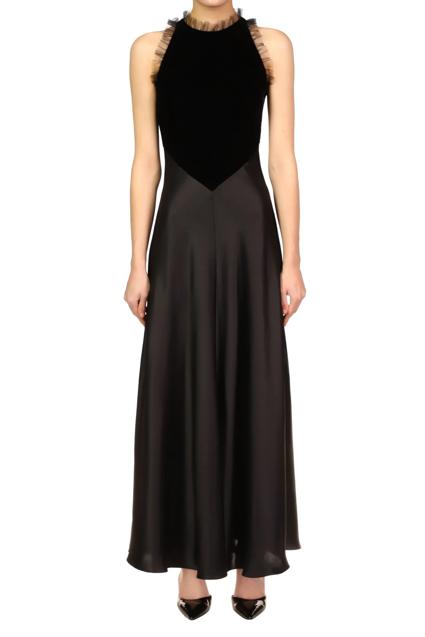 Black Silk Satin & Velvet Dress With Tulle Detail