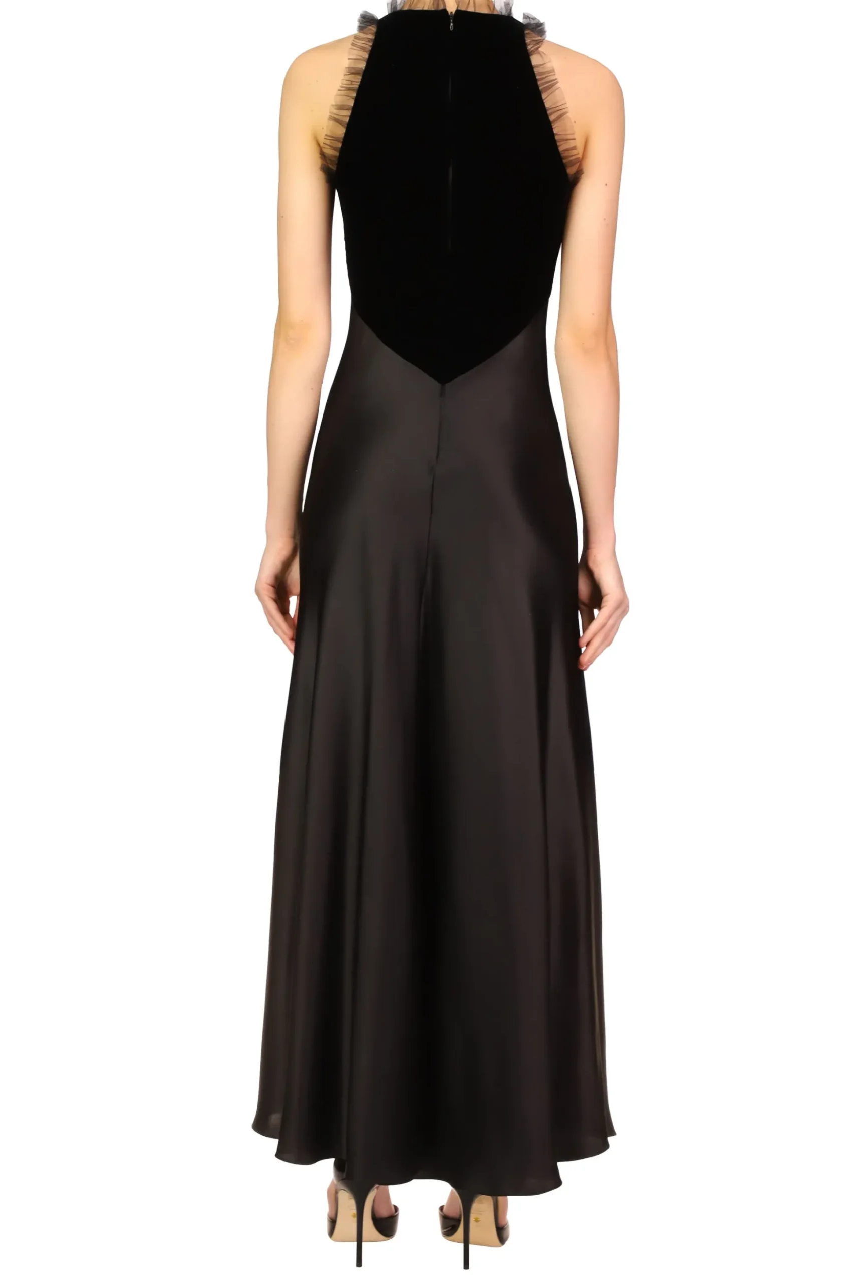 Black Silk Satin & Velvet Dress With Tulle Detail