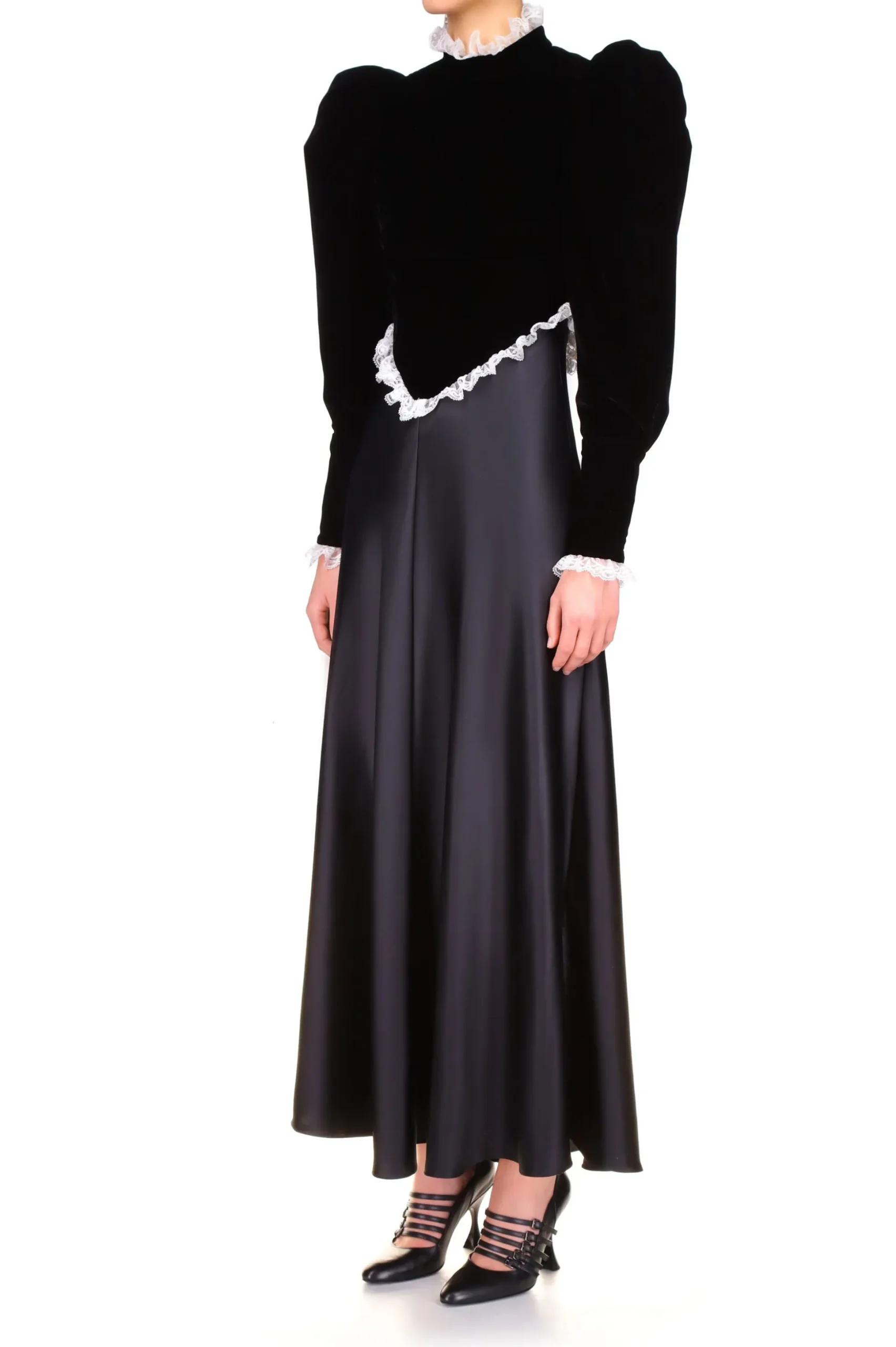 Black Silk Satin & Velvet Long Sleeve Dress With Lace Detail