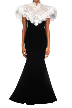 Black Velvet Gown With Off White Lace Collar