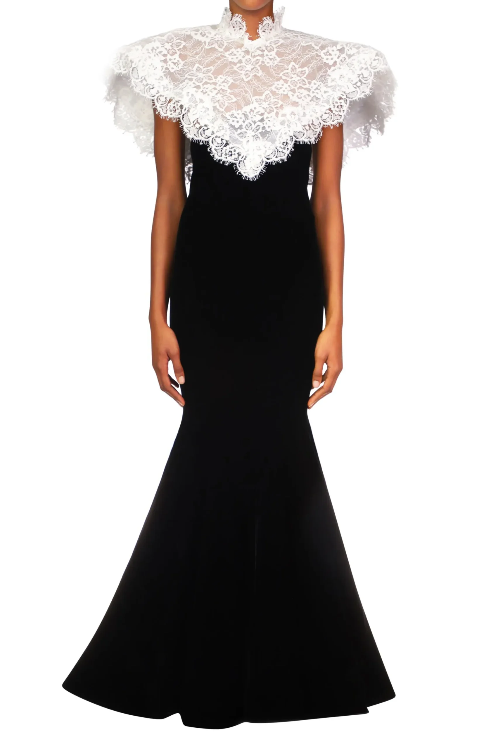 Black Velvet Gown With Off White Lace Collar