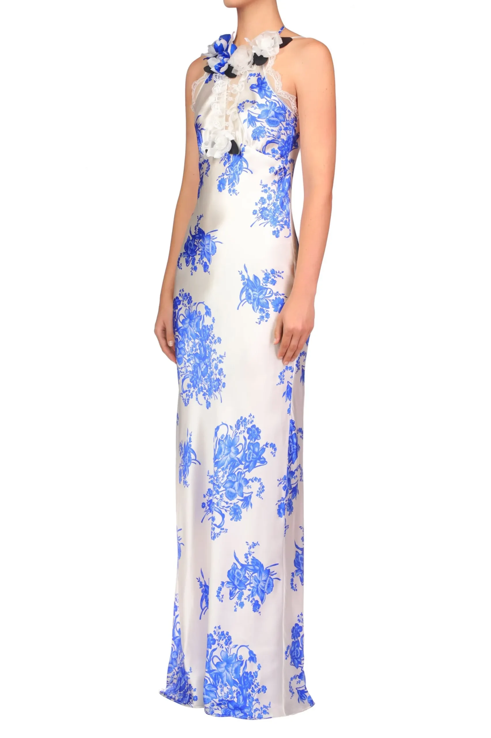 Blue And White Floral Printed Silk Bias Gown With Lace Details