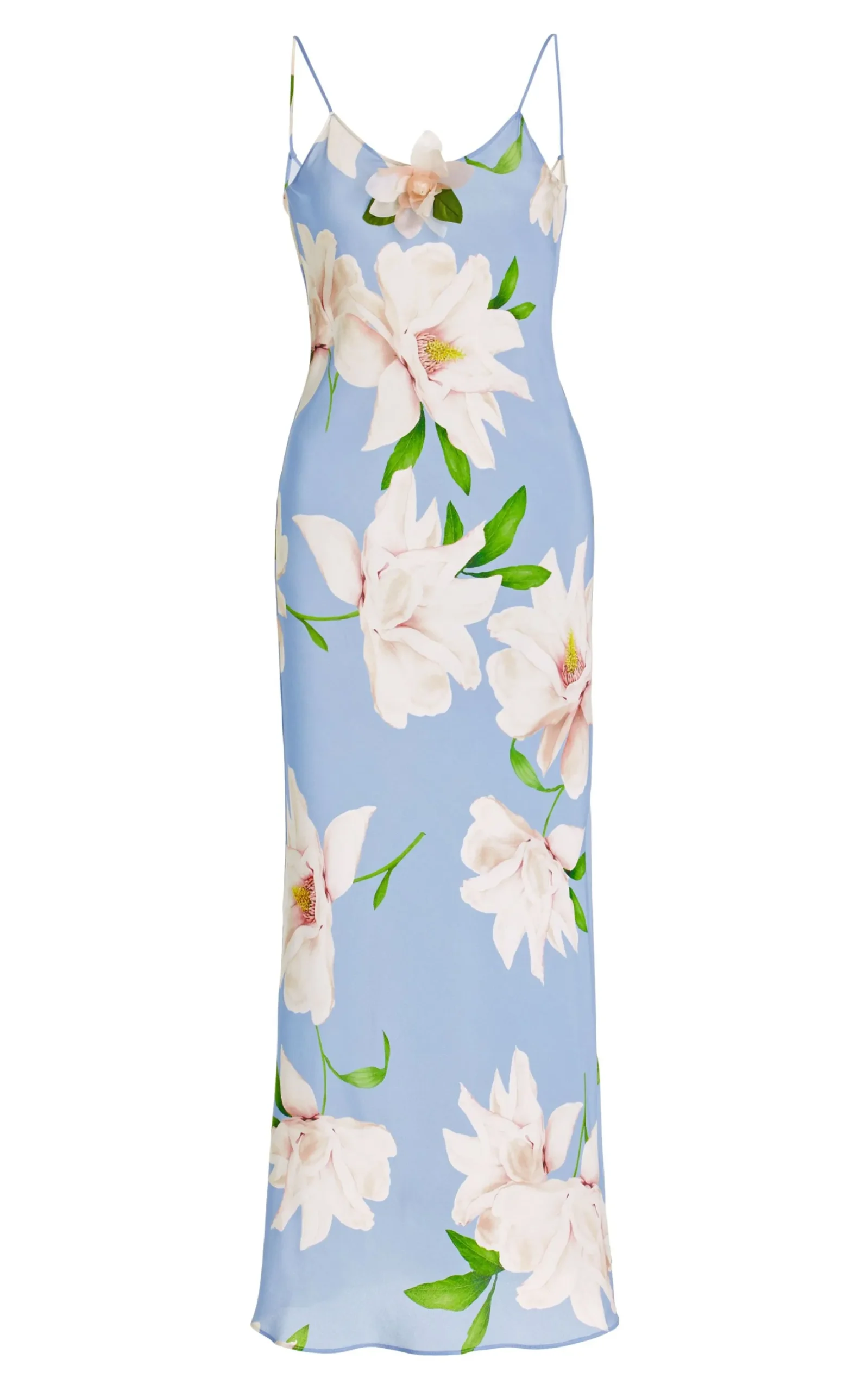 Blue And White Floral Silk Slip With Silk Flower Detail