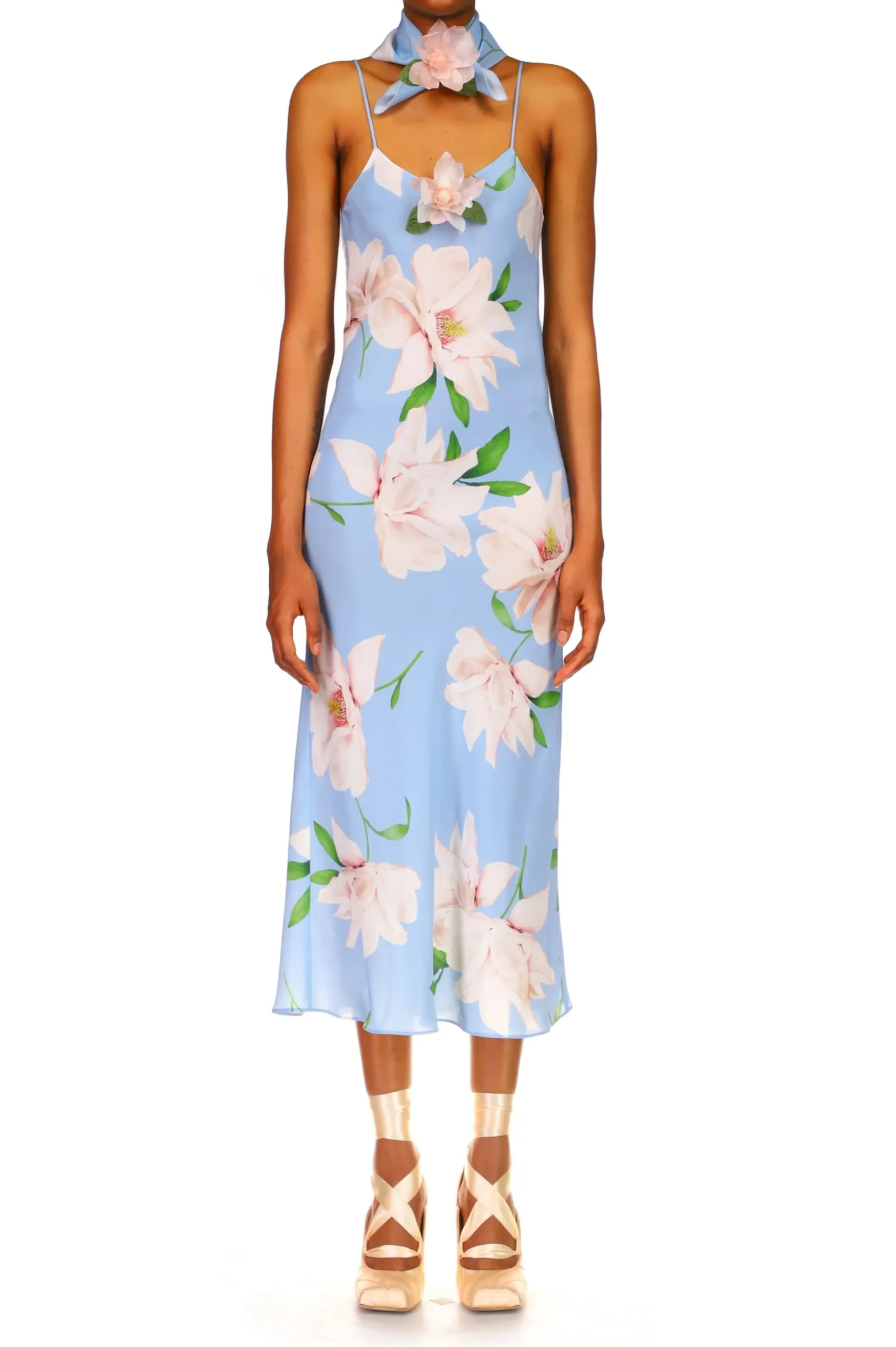Blue And White Floral Silk Slip With Silk Flower Detail