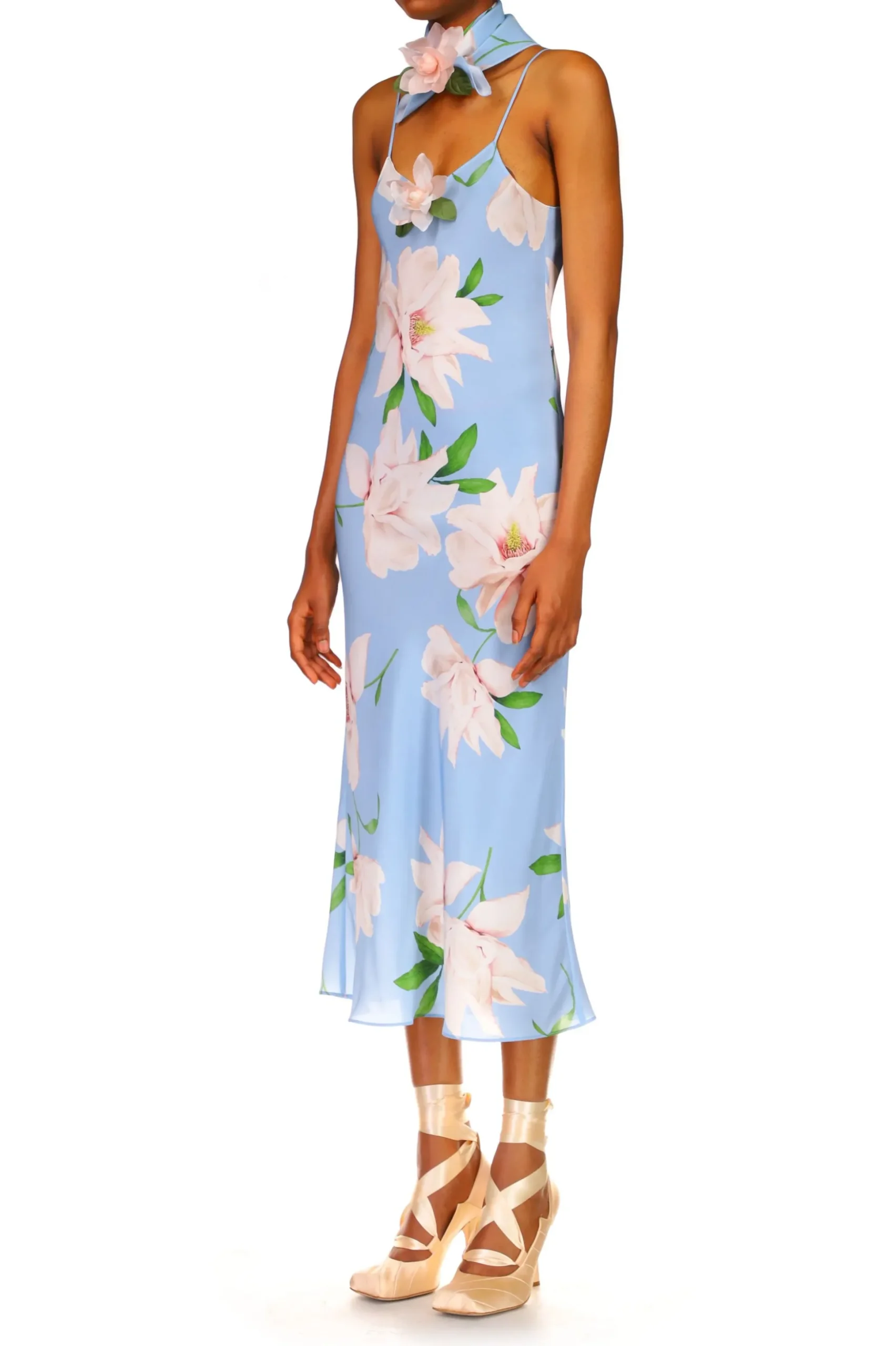 Blue And White Floral Silk Slip With Silk Flower Detail