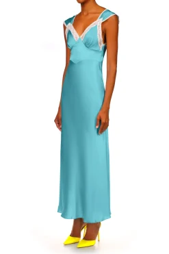 Blue Silk Satin Dress With Lace Details