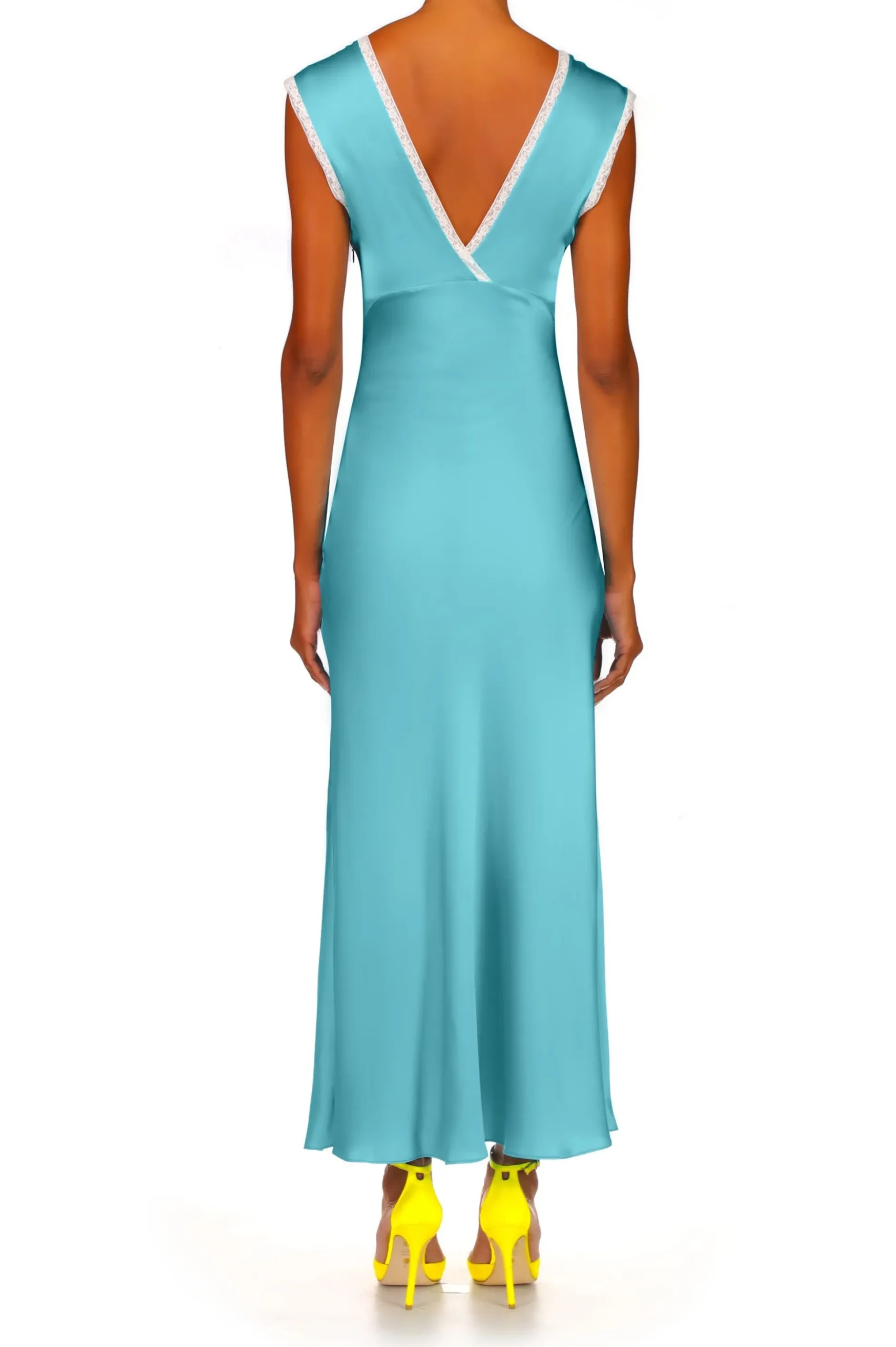 Blue Silk Satin Dress With Lace Details