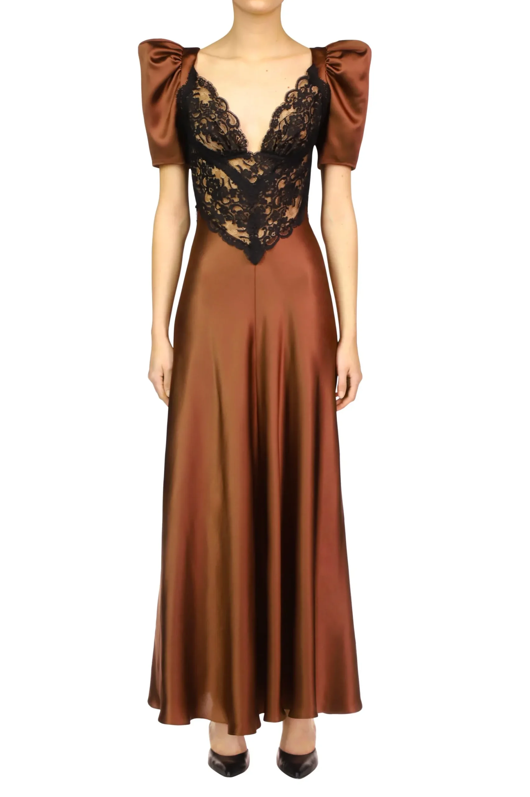 Brown Silk Satin Short Sleeve Dress With Black Lace Details