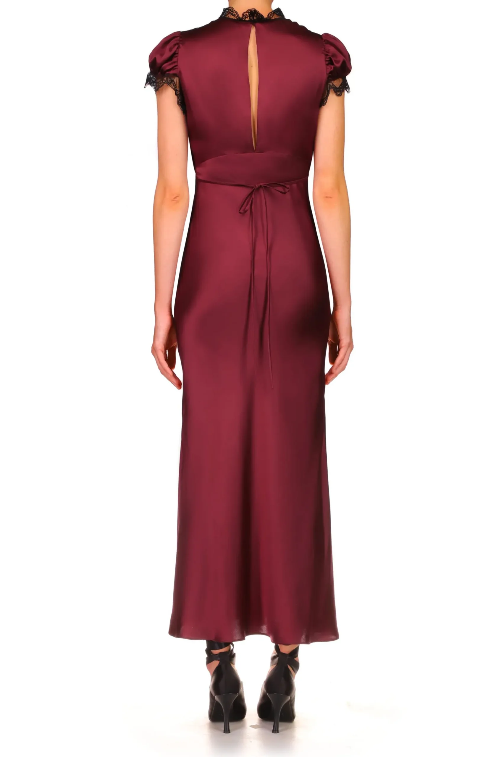 Burgundy Silk Satin Bias Dress With Lace And Ruffle Details
