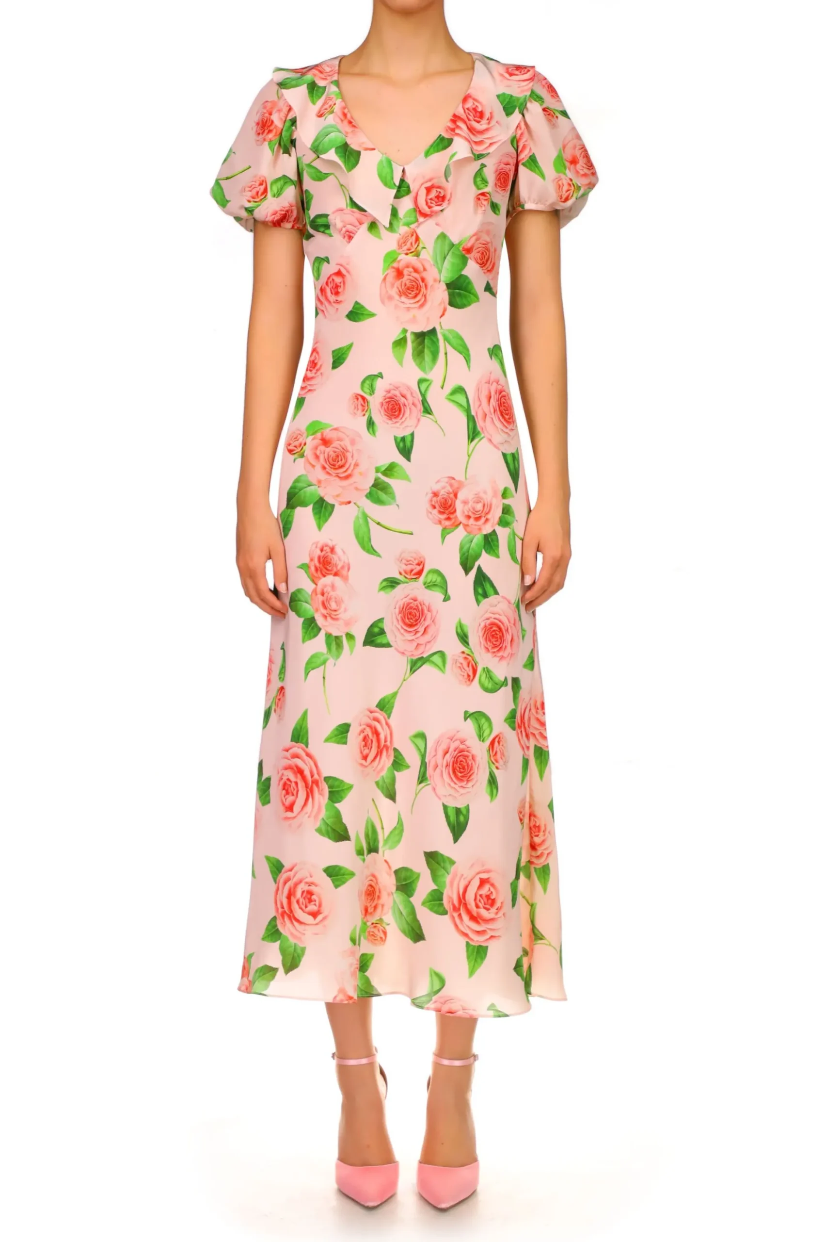 Camellia Printed Silk Bias Dress With Ruffle Details