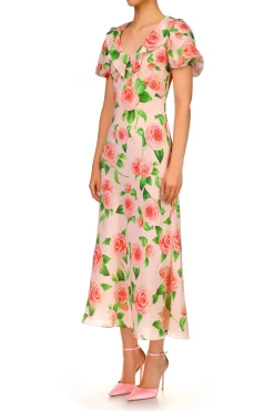 Camellia Printed Silk Bias Dress With Ruffle Details