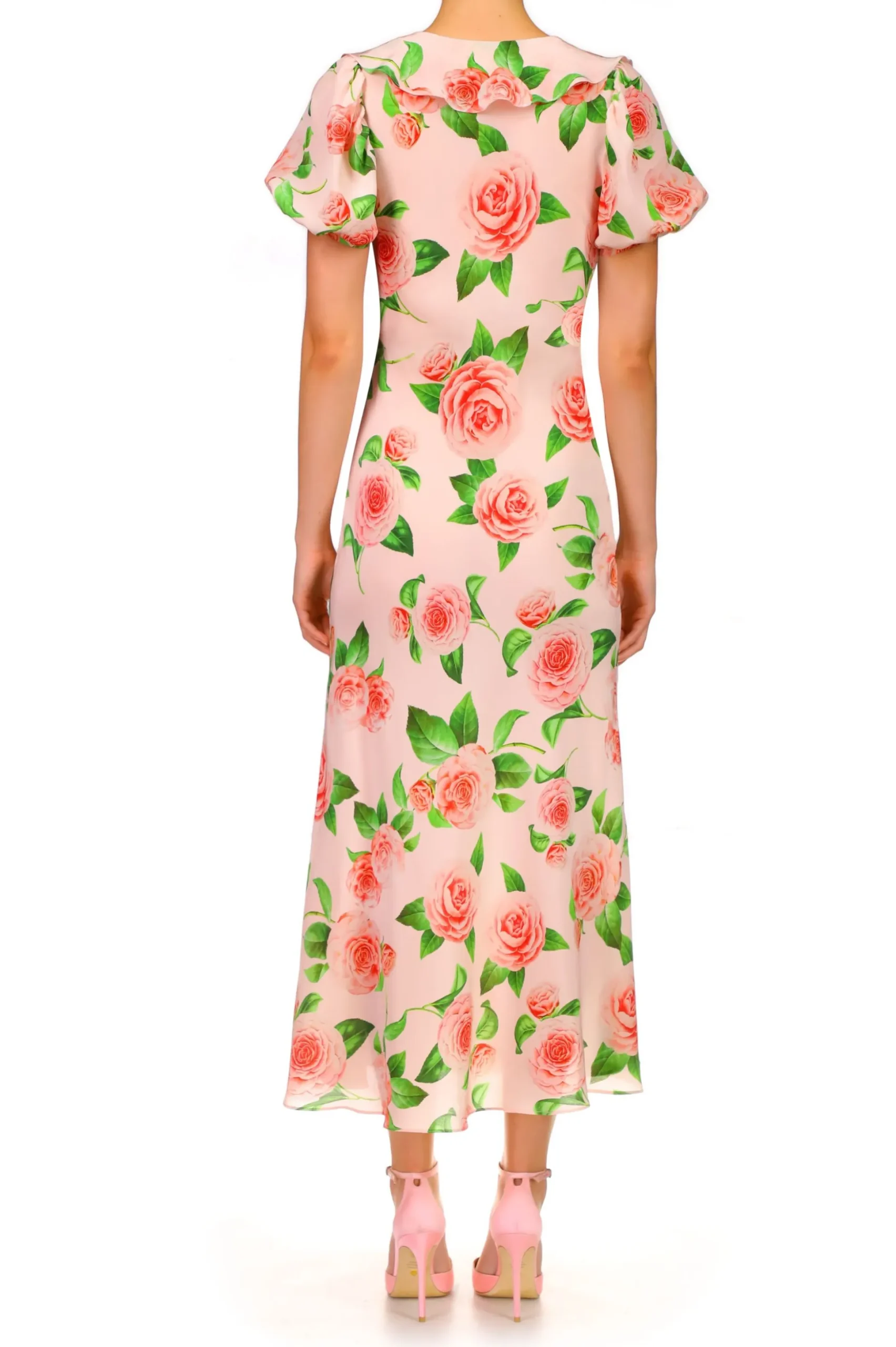 Camellia Printed Silk Bias Dress With Ruffle Details