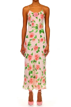 Camellia Printed Silk Bias Slip With Silk Flower Detail