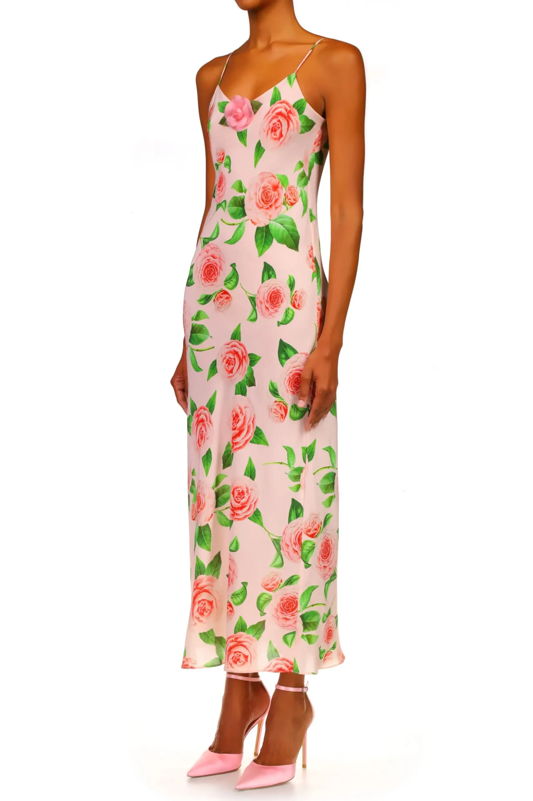 Camellia Printed Silk Bias Slip With Silk Flower Detail