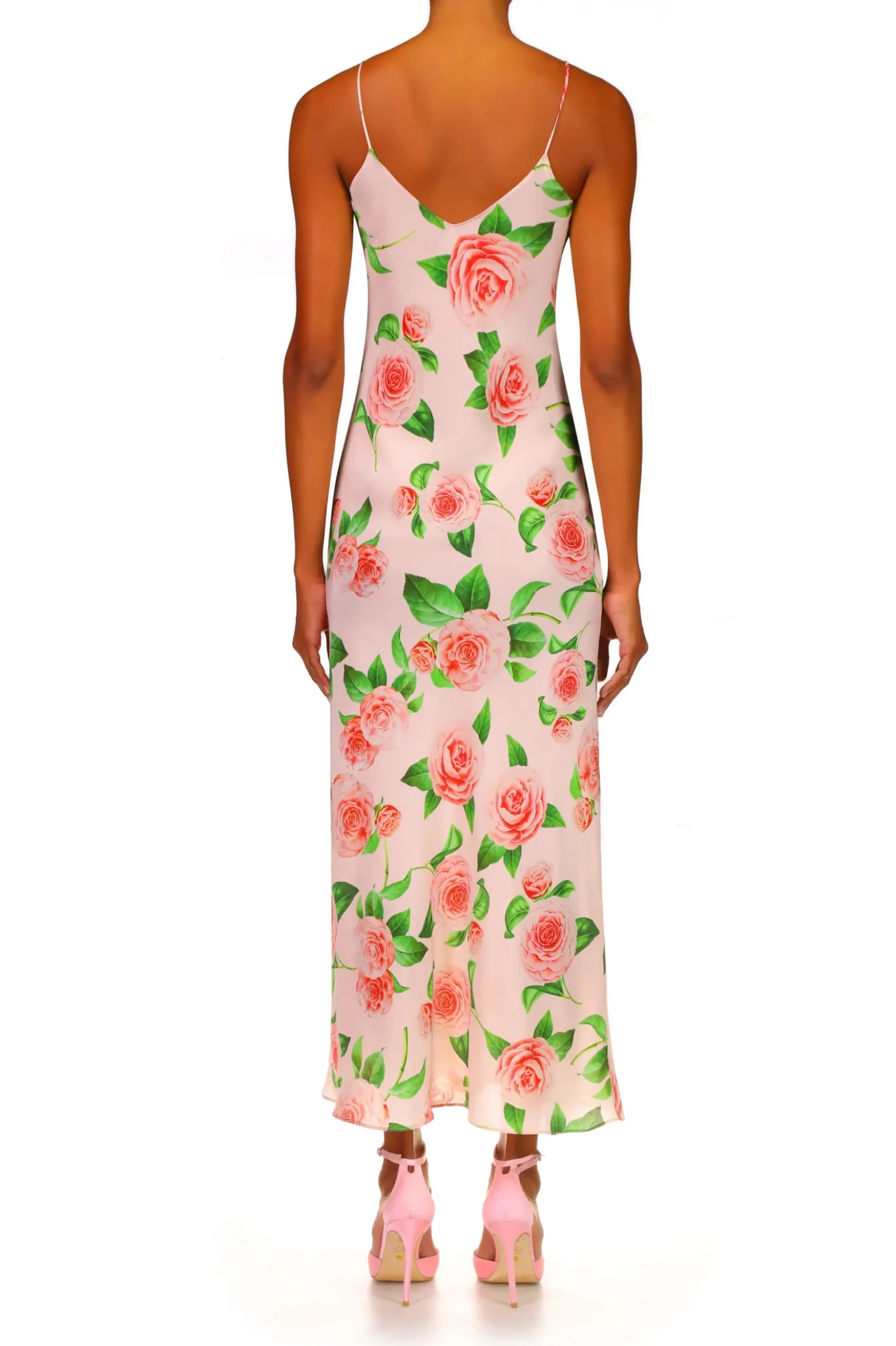 Camellia Printed Silk Bias Slip With Silk Flower Detail