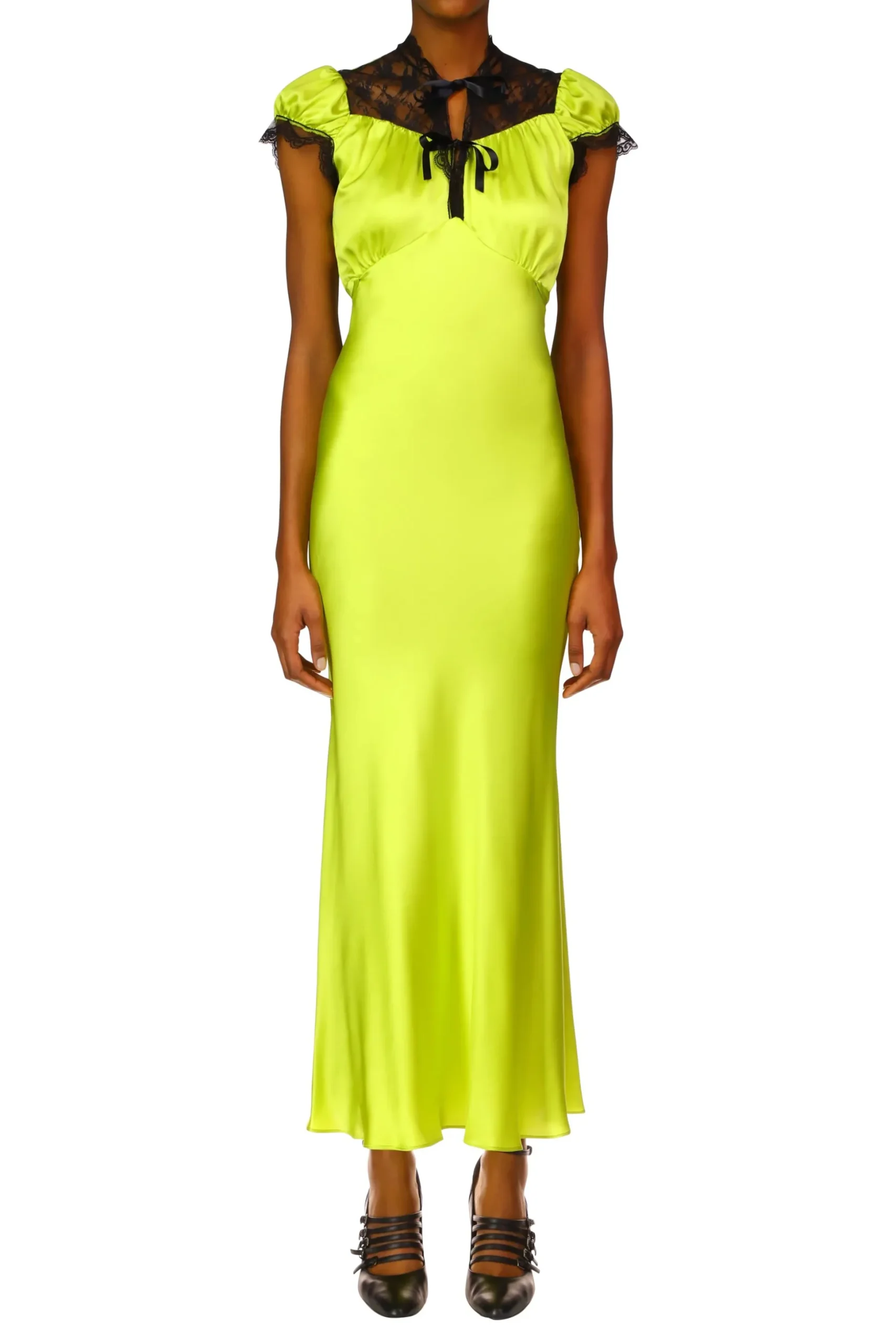 Chartreuse Silk Satin Bias Dress With Lace And Ruffle Details