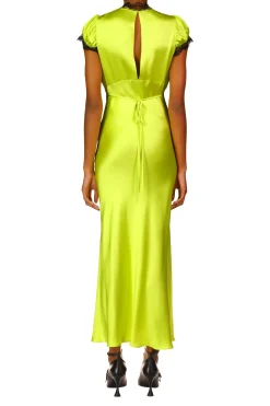 Chartreuse Silk Satin Bias Dress With Lace And Ruffle Details