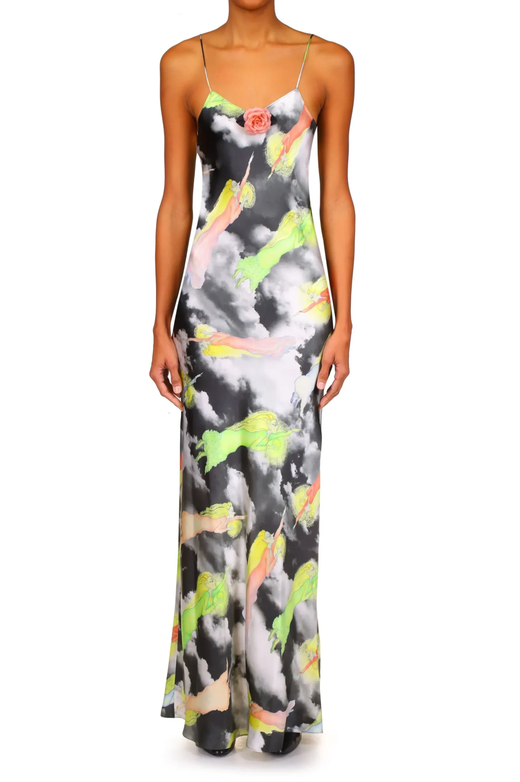 Cloud And Fairy Printed Silk Satin Bias Slip Dress