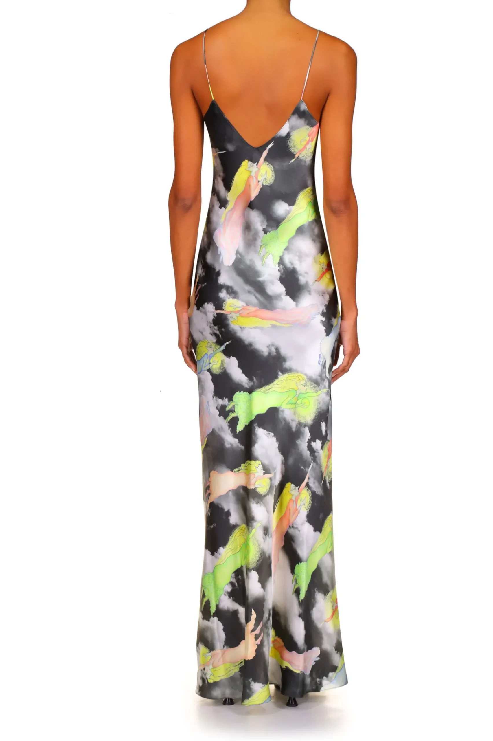 Cloud And Fairy Printed Silk Satin Bias Slip Dress
