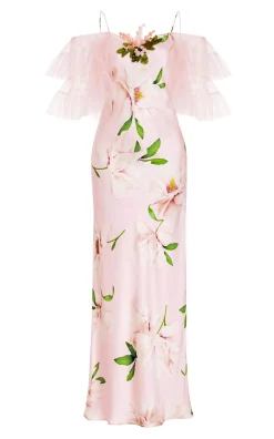 Floral Printed Silk Bias Slip Dress With Ruffle Sleeves And Silk Flower
