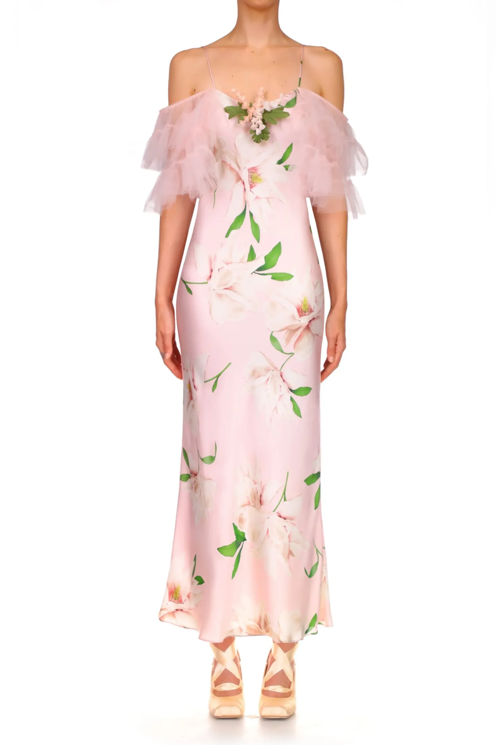 Floral Printed Silk Bias Slip Dress With Ruffle Sleeves And Silk Flower