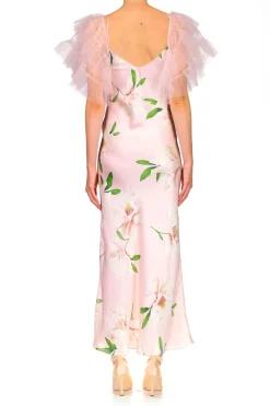 Floral Printed Silk Bias Slip Dress With Ruffle Sleeves And Silk Flower