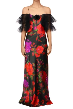 Floral Printed Silk Bias Slip Gown With Ruffle Sleeves And Silk Flower